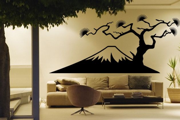 Vinilo paisaje japones, con el monte Fuji y el arbol sakura